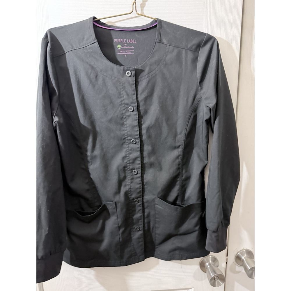Healing Hands‎ Size Small Womens Snap-up Black Scrub Jacket Purple Label